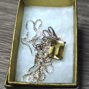 1 - Emerald Cut Citrine Pendant - 16" Sterling Silver Necklace